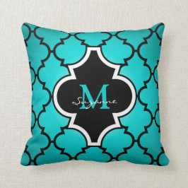 Aqua Black Quatrefoil Pattern Monogrammed Pillow Kussen