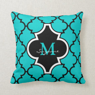 Aqua Black Quatrefoil Pattern Monogrammed Pillow Kussen