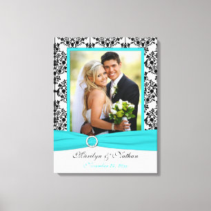 Aqua, Black, White Damask Wedding Canvas Afdruk