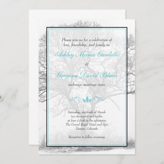 Aqua Black White Winter Tree Weddenschap Kaart (Voorkant / Achterkant)