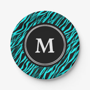 Aqua Black Zebra Stripe Monogram Papier Bord