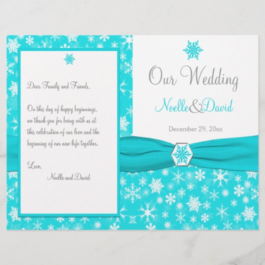 Aqua, Blanc, Gris Snowflakes Programme de mariage (Devant)