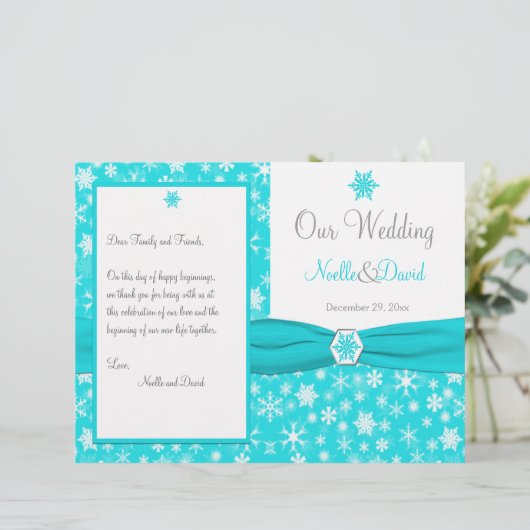 Aqua, Blanc, Gris Snowflakes Programme de mariage (Debout devant)