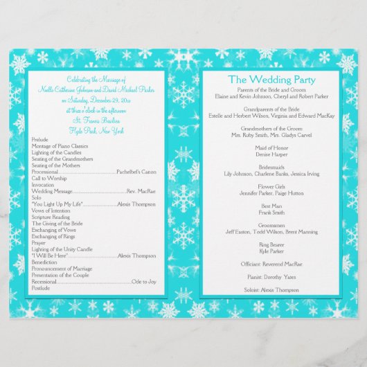 Aqua, Blanc, Gris Snowflakes Programme de mariage (Dos)