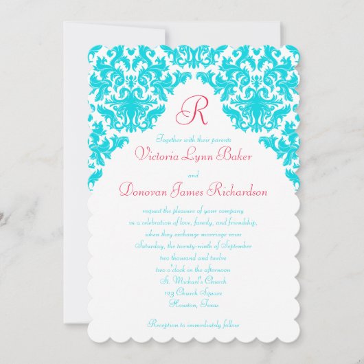 Aqua, blanc, rouge Damas Invitation monogramme (Devant)