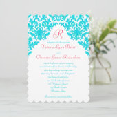 Aqua, blanc, rouge Damas Invitation monogramme (Debout devant)