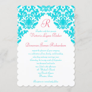 Aqua, blanc, rouge Damas Invitation monogramme