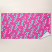 Aqua blauw aangepaste naam script vet heet roze strandlaken (Voorkant)