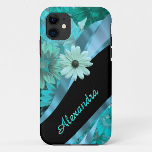  aqua blauw bloempatroon gepersonaliseerd iPhone 11 hoesje