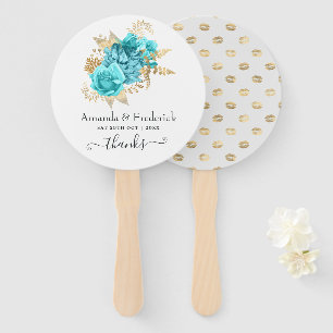 Aqua blauw en gouden bloemen bruiloft handwaaier
