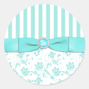 Aqua Blauw en Wit Gestreepte Bloemen Envelop Seal Ronde Sticker