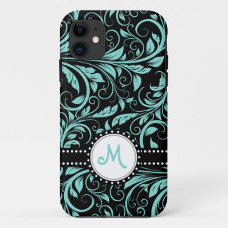 Aqua blauw en zwart damast met monogram iPhone 11 hoesje