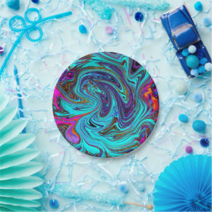 Aqua Blauw en Zwarte Groovy Abstracte Retro Kunst Papieren Bordje