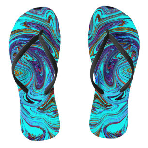 Aqua Blauw en Zwarte Groovy Abstracte Retro Kunst Teenslippers