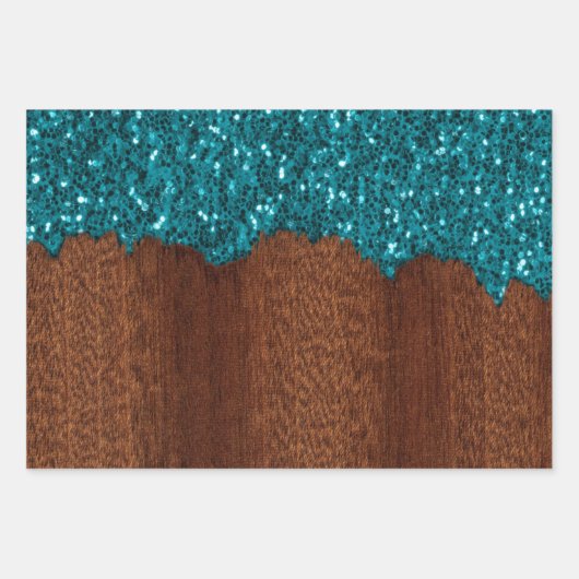 Aqua blauw faux sparkles bling rustiek hout inpakpapier vel (Voorkant 3)