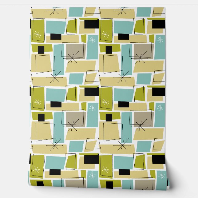 Aqua Blauw Geel Abstract Rechthoeken Mid Century Behang (Afrollen)