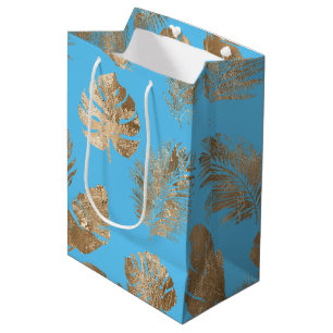Aqua Blauw Goud Tropische bladeren Medium Cadeauzakje
