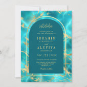 Aqua Blauw Goud Water Arch Moslim Bruiloft Kaart (Voorkant)