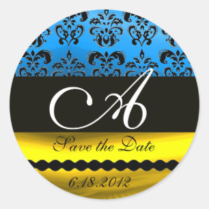 AQUA BLAUW GOUD ZWART WIT DAMASK MONOGRAM RONDE STICKER