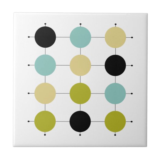 Aqua Blauw Groen Geel Zwart Cirkels Midden Eeuw Tegeltje (Voorkant)