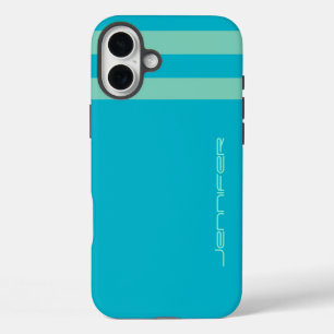 Aqua Blauw/Groene Streep/Stevige Douanenaam Stoer iPhone 16 Plus Hoesje