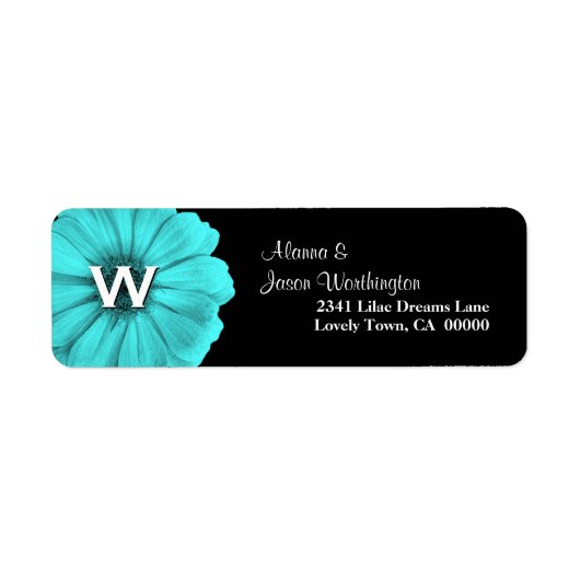 Aqua Blauw Monogram Daisy Bruiloft Etiket (Voorkant)