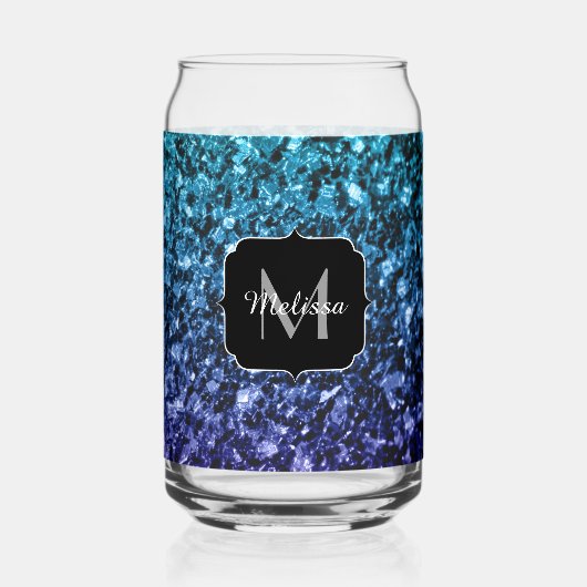 Aqua blauw Ombre sparkles Custom Monogram Blikvorm Glas (Achterkant)