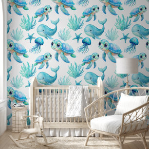 Aqua blauw schattig zee schildpad creatures nurser behang