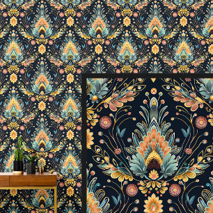 Aqua Blauw Sinaasappel Geel Goud Art Nouveau Behang