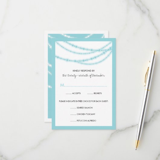 Aqua Blauw Stijlvolle Sprankelende Lichten Klassie RSVP Kaartje (Voorkant / Achterkant in situ)