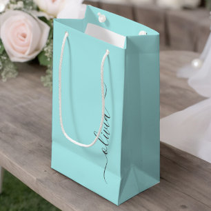 Aqua Blauw Teal Moderne Script Meisjesachtig Monog Klein Cadeauzakje