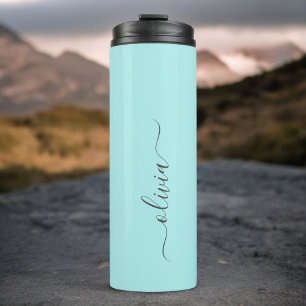 Aqua Blauw Teal Moderne Script Meisjesachtig Monog Thermosbeker