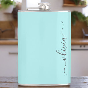Aqua Blauw Teal Moderne Script Meisjesachtige Mono Heupfles