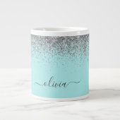 Aqua Blauw Teal Zilver Glitter Monogram Extra Grote Beker (Voorkant)