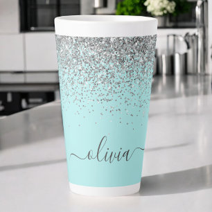 Aqua Blauw Teal Zilver Glitter Monogram Latte Mok