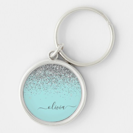 Aqua Blauw Teal Zilver Glitter Monogram Sleutelhanger (Voorkant)