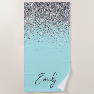 Aqua Blauw Teal Zilver Glitter Monogram Strandlaken