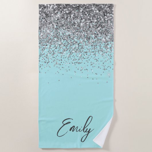Aqua Blauw Teal Zilver Glitter Monogram Strandlaken (Voorkant)