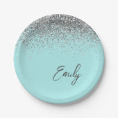 Aqua Blauw Turquoise Zilver Glitter Monogram Papieren Bordje (Voorkant)