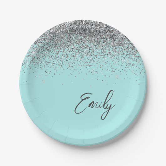 Aqua Blauw Turquoise Zilver Glitter Monogram Papieren Bordje (Voorkant)