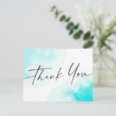Aqua blauw waterverf handgeschreven script dank u briefkaart (Staand voorkant)