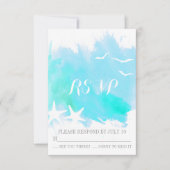 Aqua blauw waterverf splash, zeesterren bruiloft R RSVP Kaartje (Voorkant)