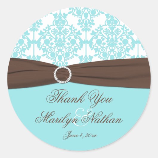 Aqua Blauw, Wit Damask Bruiloft Favor Sticker (Voorkant)