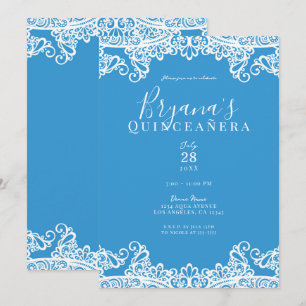 Aqua Blauw & Witte Kant Elegant Quinceañera Feest Kaart