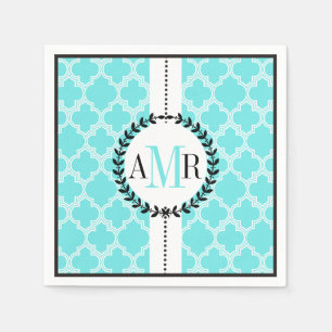 Aqua blauw, witte quatrefoil patroon bruiloft servetten