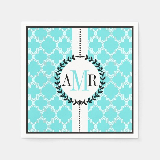 Aqua blauw, witte quatrefoil patroon bruiloft servetten (Voorkant)