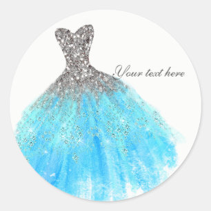 Aqua Blauw Zilver Glitter Glam Dress Party Favor Ronde Sticker