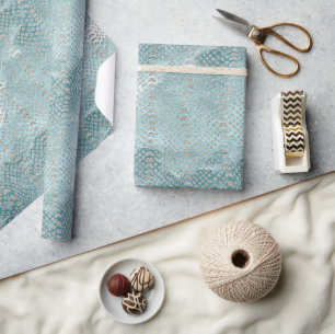 Aqua Blauw Zilver Slangenprint Verjaardag Cadeaupapier