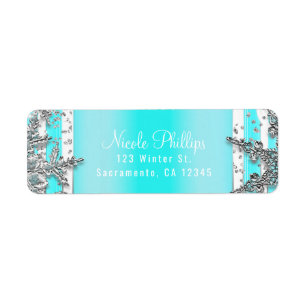 Aqua Blauw & Zilver Winter Sneeuwvlokken Elegant F Etiket