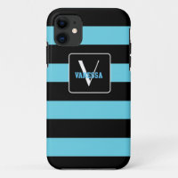 Aqua Blauw & Zwarte Strepen - Personaliseer Je Eig